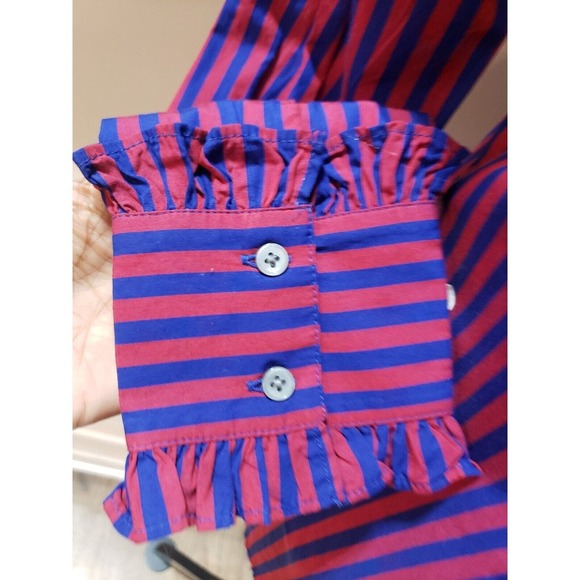 J. Crew Red & Blue Striped Long Sleeve Ruffle Trim Tuxedo Top Blouse XS - Picture 5 of 16